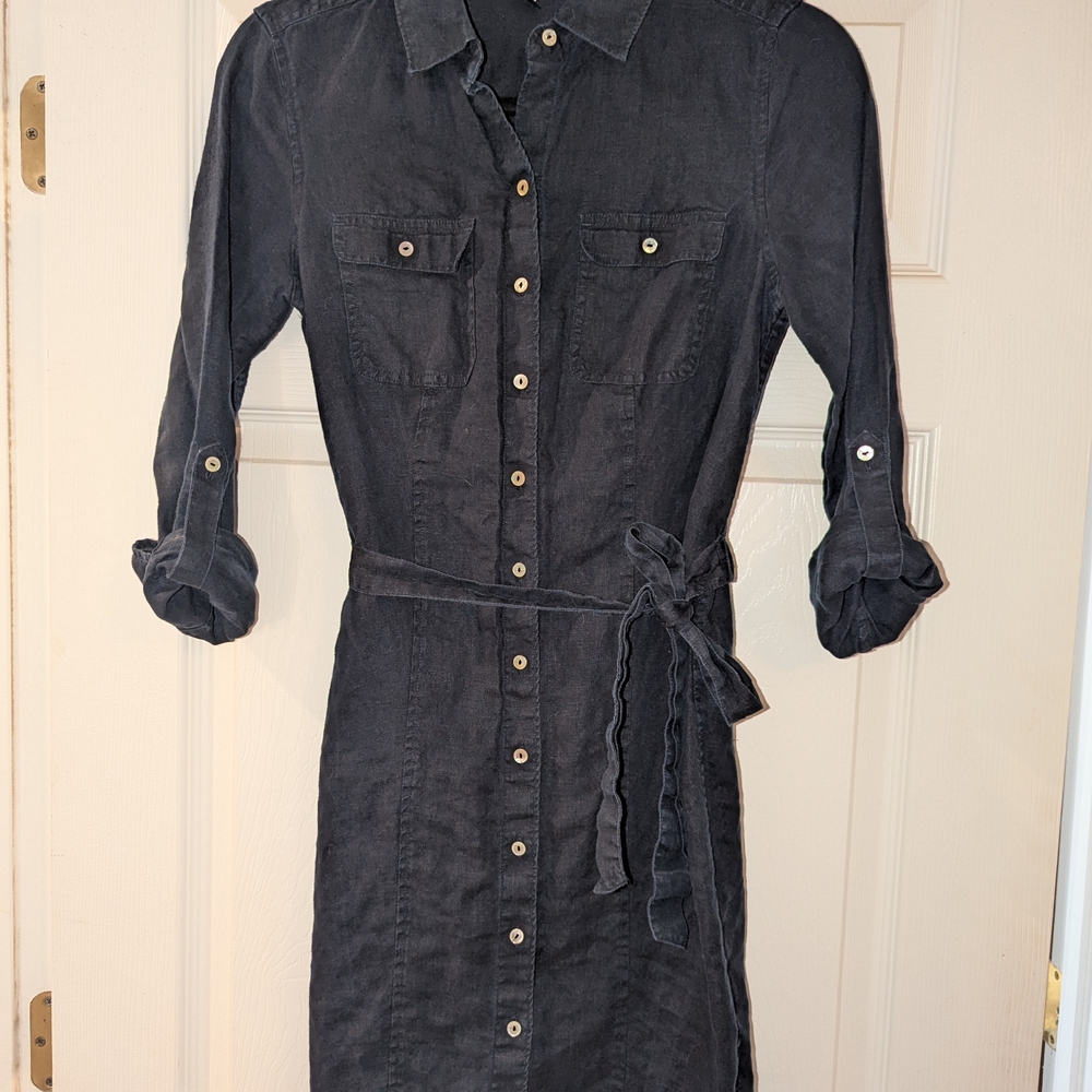 Saks Fifth Avenue Blue Buttoned Linen Tie Front Dress